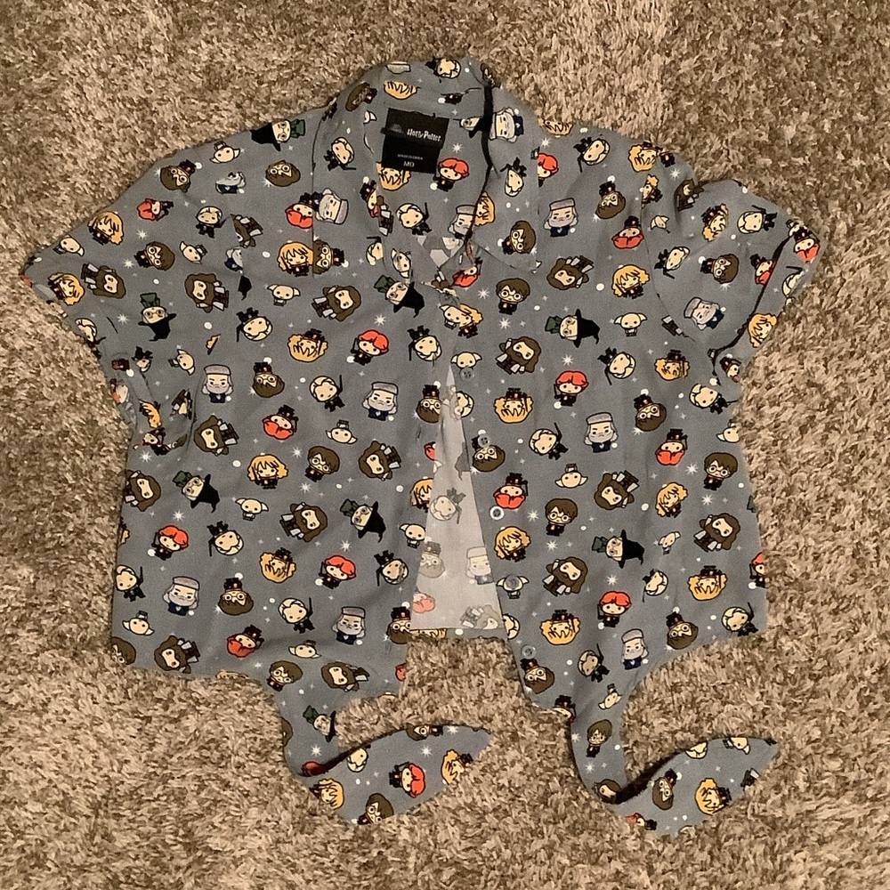 Wizarding World Harry Potter Blue Button Down Shirt with Cartoon Print